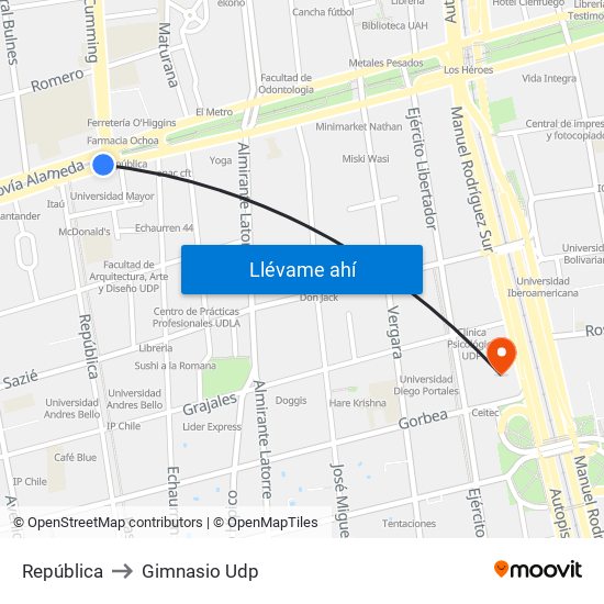 República to Gimnasio Udp map