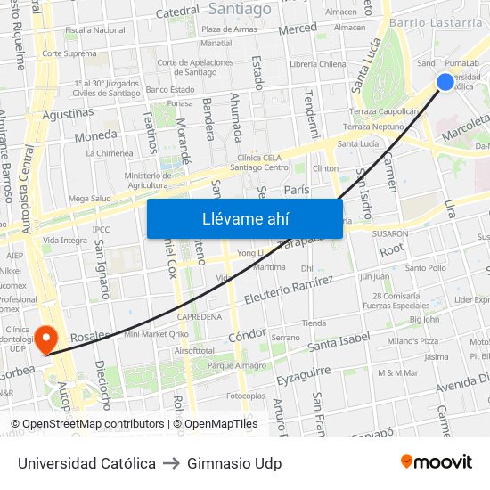 Universidad Católica to Gimnasio Udp map