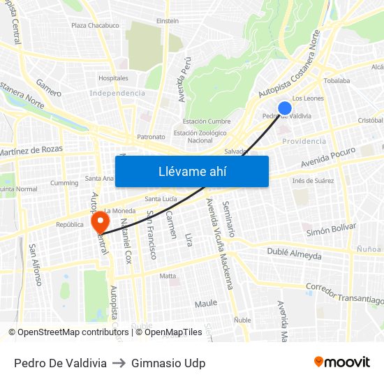 Pedro De Valdivia to Gimnasio Udp map