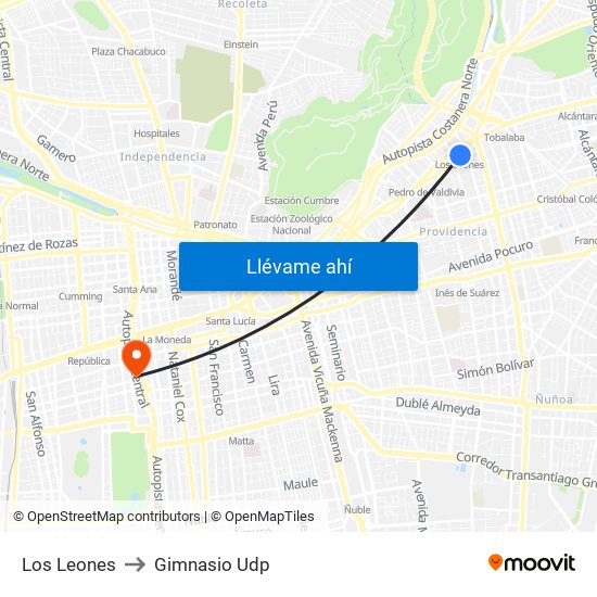 Los Leones to Gimnasio Udp map