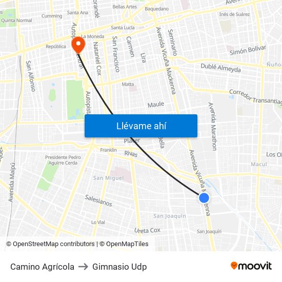 Camino Agrícola to Gimnasio Udp map