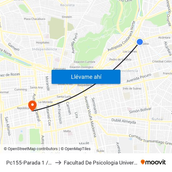 Pc155-Parada 1 / (M) Tobalaba to Facultad De Psicologia Universidad Diego Portales map