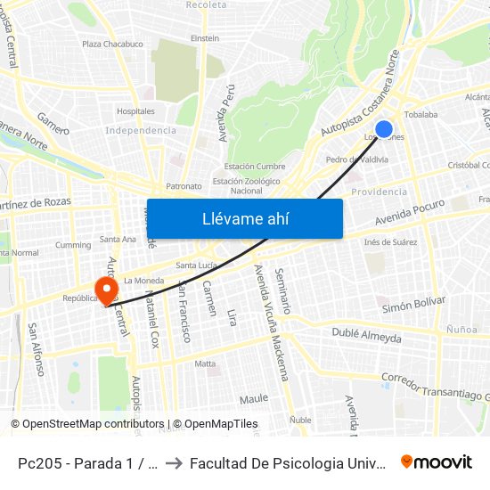 Pc205 - Parada 1 / (M) Los Leones to Facultad De Psicologia Universidad Diego Portales map