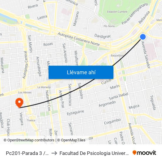 Pc201-Parada 3 / (M) Salvador to Facultad De Psicologia Universidad Diego Portales map