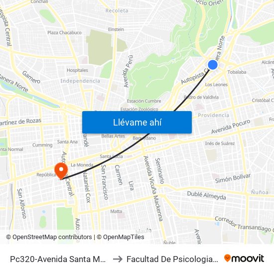 Pc320-Avenida Santa María / Esq. Puente Los Leones to Facultad De Psicologia Universidad Diego Portales map
