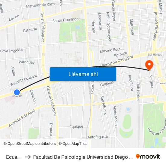 Ecuador to Facultad De Psicologia Universidad Diego Portales map