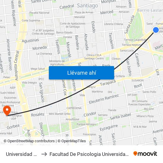 Universidad Católica to Facultad De Psicologia Universidad Diego Portales map