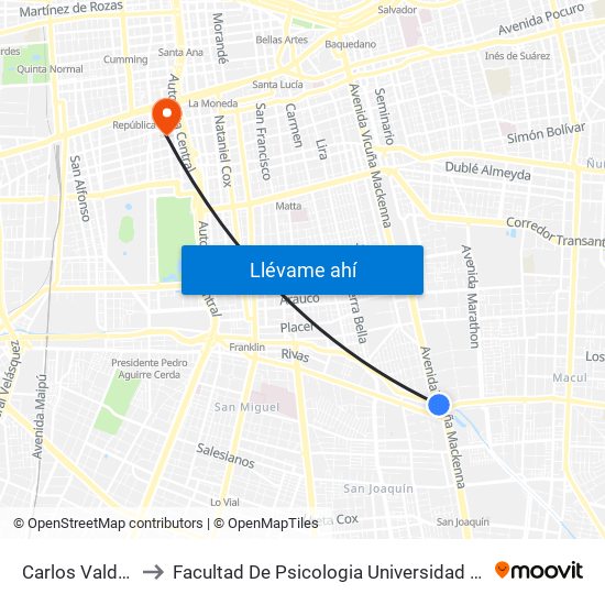 Carlos Valdovinos to Facultad De Psicologia Universidad Diego Portales map