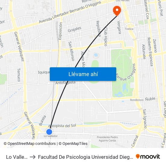 Lo Valledor to Facultad De Psicologia Universidad Diego Portales map