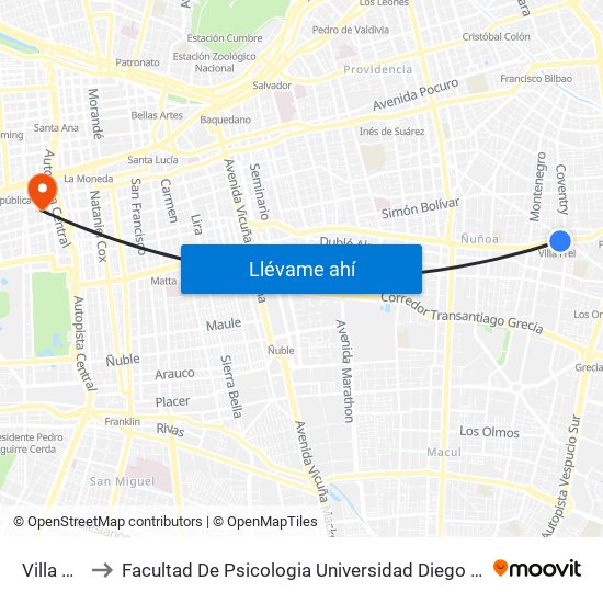 Villa Frei to Facultad De Psicologia Universidad Diego Portales map