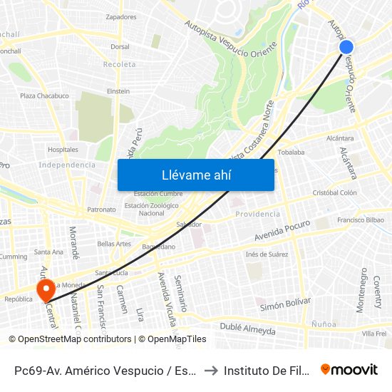 Pc69-Av. Américo Vespucio / Esq. Avenida Vitacura to Instituto De Filosofía Udp map