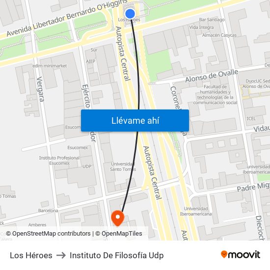 Los Héroes to Instituto De Filosofía Udp map