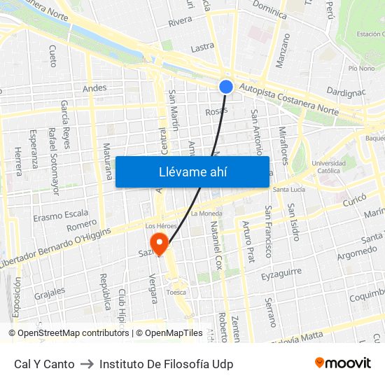 Cal Y Canto to Instituto De Filosofía Udp map