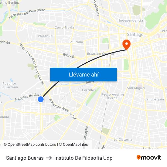 Santiago Bueras to Instituto De Filosofía Udp map