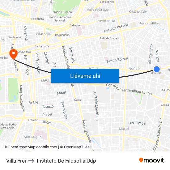 Villa Frei to Instituto De Filosofía Udp map