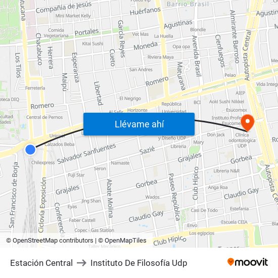 Estación Central to Instituto De Filosofía Udp map