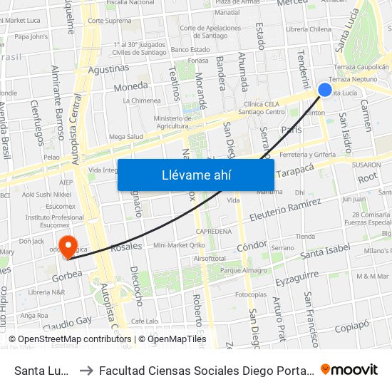 Santa Lucía to Facultad Ciensas Sociales Diego Portales map