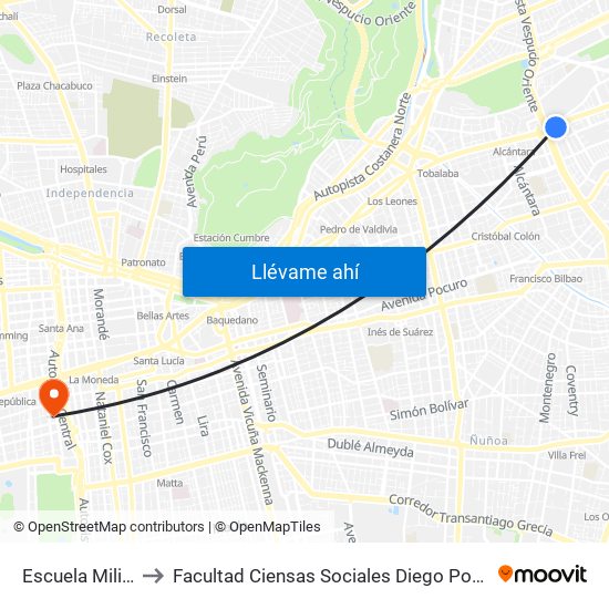 Escuela Militar to Facultad Ciensas Sociales Diego Portales map