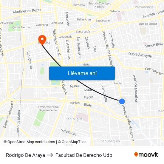 Rodrigo De Araya to Facultad De Derecho Udp map