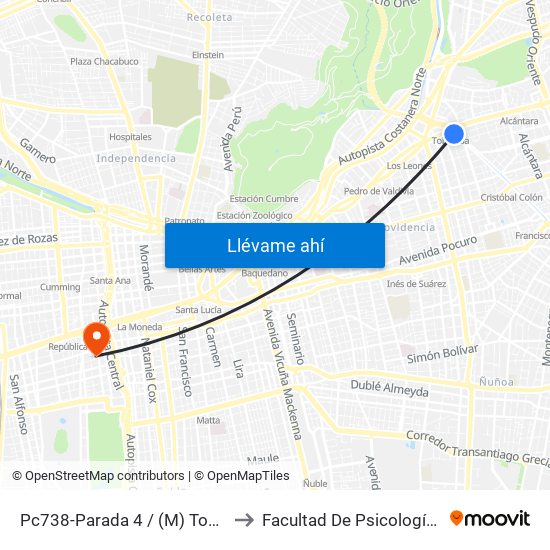 Pc738-Parada 4 / (M) Tobalaba to Facultad De Psicología Udp map