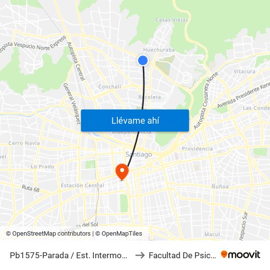 Pb1575-Parada / Est. Intermodal Vespucio Norte to Facultad De Psicología Udp map