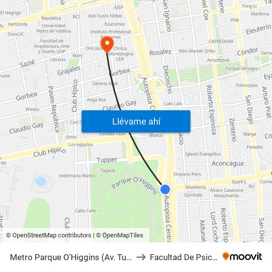 Metro Parque O'Higgins (Av. Tupper Esq. Av. Viel) to Facultad De Psicología Udp map