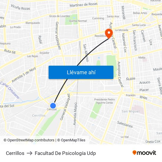 Cerrillos to Facultad De Psicología Udp map