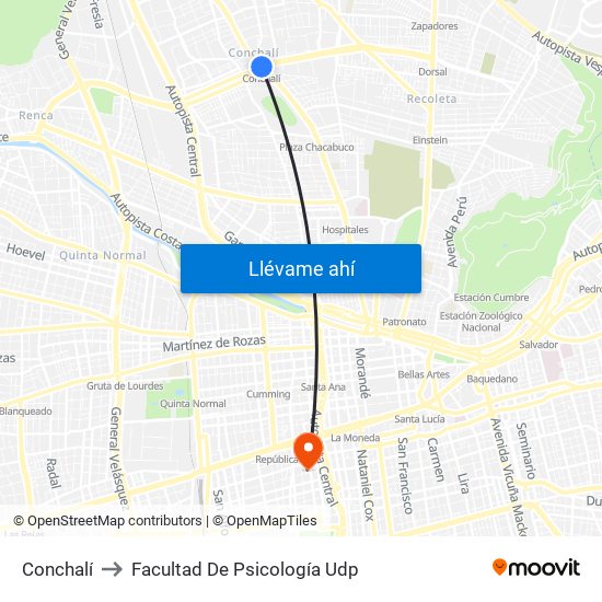 Conchalí to Facultad De Psicología Udp map