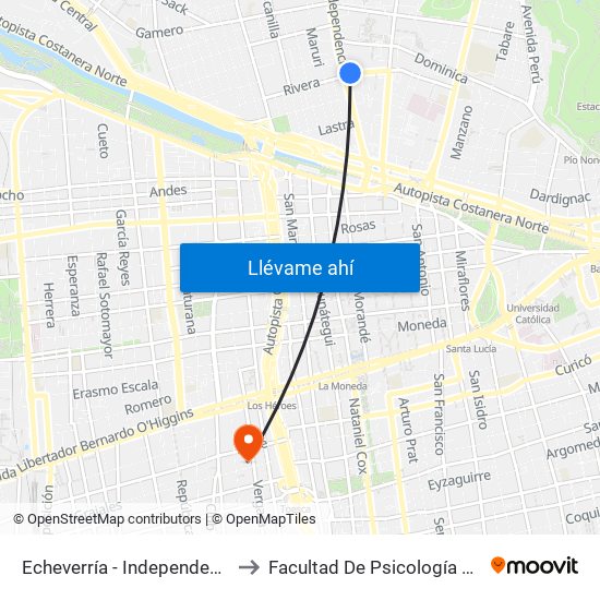 Echeverría - Independencia to Facultad De Psicología Udp map