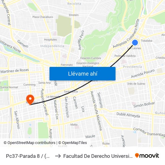 Pc37-Parada 8 / (M) Los Leones to Facultad De Derecho Universidad Diego Portales map