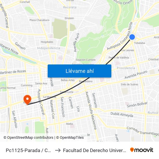 Pc1125-Parada / Costanera Center to Facultad De Derecho Universidad Diego Portales map