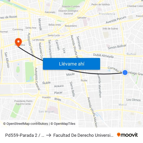 Pd559-Parada 2 / Pedagógico to Facultad De Derecho Universidad Diego Portales map