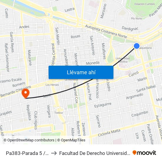 Pa383-Parada 5 / Plaza Italia to Facultad De Derecho Universidad Diego Portales map