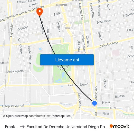 Franklin to Facultad De Derecho Universidad Diego Portales map
