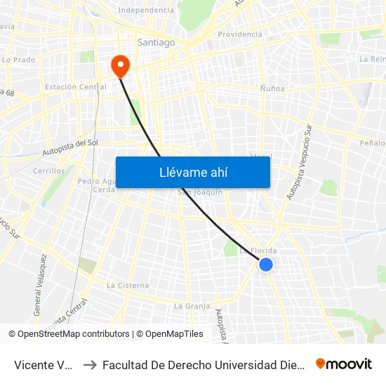 Vicente Valdés to Facultad De Derecho Universidad Diego Portales map