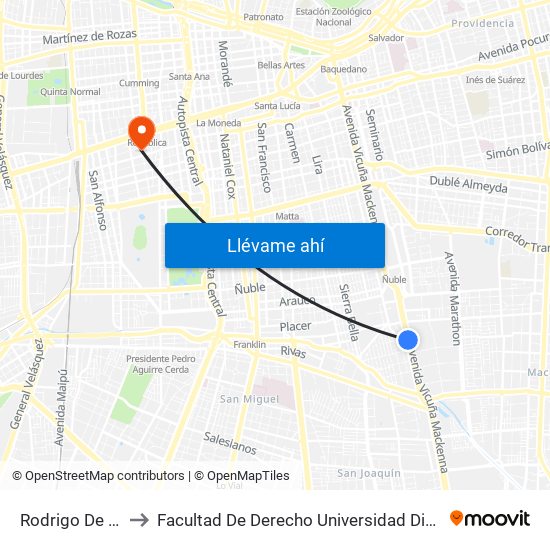 Rodrigo De Araya to Facultad De Derecho Universidad Diego Portales map