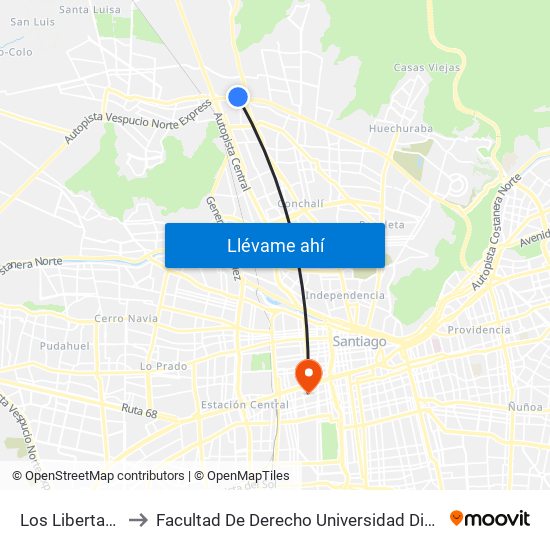 Los Libertadores to Facultad De Derecho Universidad Diego Portales map