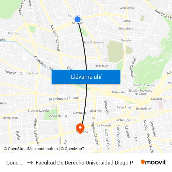 Conchalí to Facultad De Derecho Universidad Diego Portales map