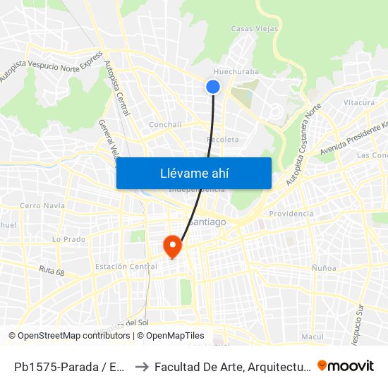Pb1575-Parada / Est. Intermodal Vespucio Norte to Facultad De Arte, Arquitectura Y Diseño Universidad Diego Portales map