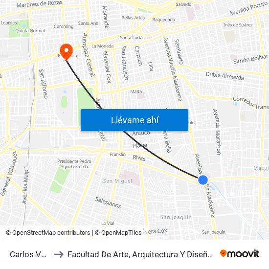 Carlos Valdovinos to Facultad De Arte, Arquitectura Y Diseño Universidad Diego Portales map