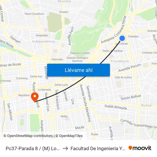 Pc37-Parada 8 / (M) Los Leones to Facultad De Ingeniería Y Ciencias map