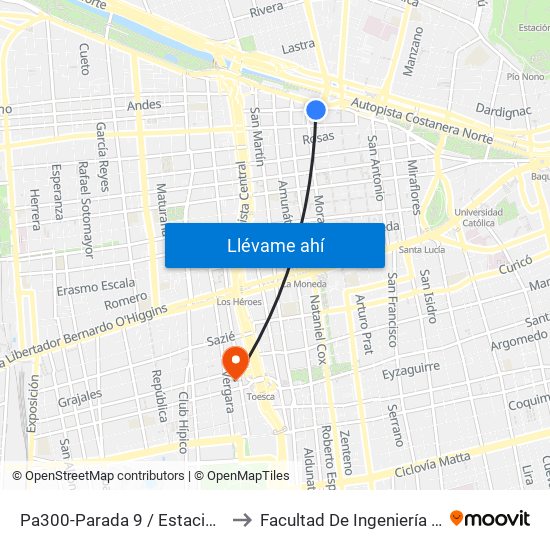 Pa300-Parada 9 / Estación Mapocho to Facultad De Ingeniería Y Ciencias map