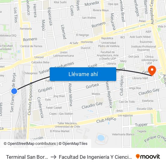 Terminal San Borja to Facultad De Ingeniería Y Ciencias map