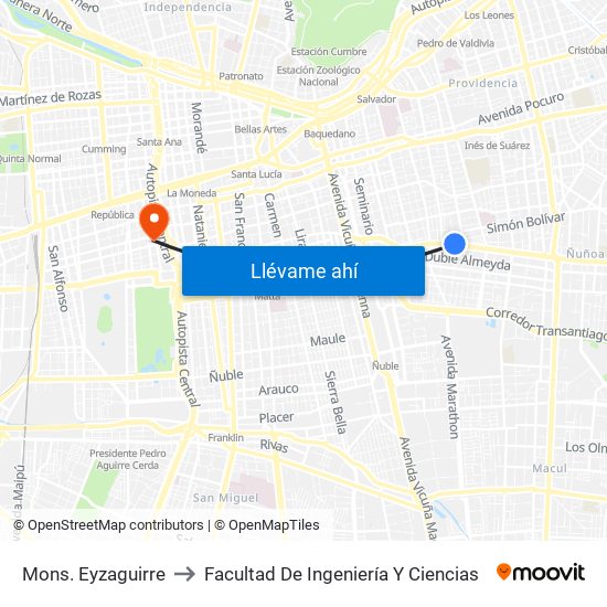 Mons. Eyzaguirre to Facultad De Ingeniería Y Ciencias map