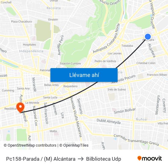 Pc158-Parada / (M) Alcántara to Bilblioteca Udp map