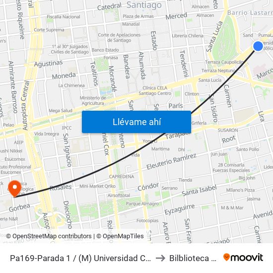 Pa169-Parada 1 / (M) Universidad Católica to Bilblioteca Udp map