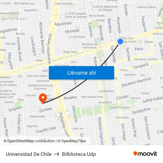 Universidad De Chile to Bilblioteca Udp map