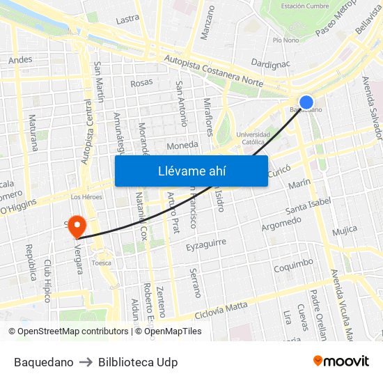 Baquedano to Bilblioteca Udp map