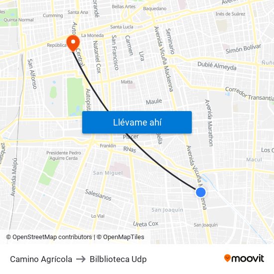 Camino Agrícola to Bilblioteca Udp map