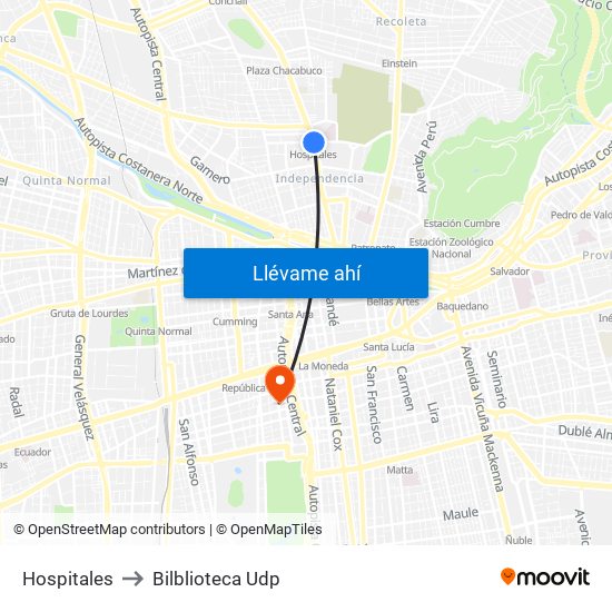 Hospitales to Bilblioteca Udp map